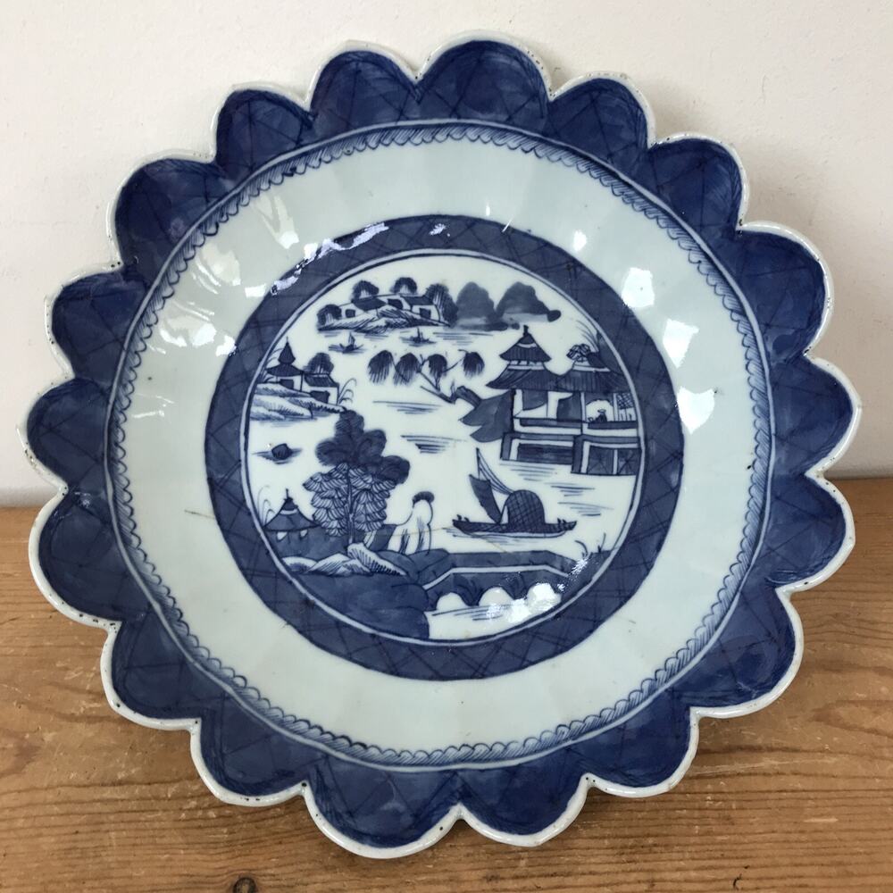 Antique 1700s Lambeth Blue White Porcelain Chinese Delft Scalloped Dish Bowl 10"